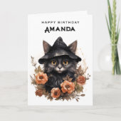 魔女の帽子をかぶったかわいい黒猫誕生日 カード (正面)