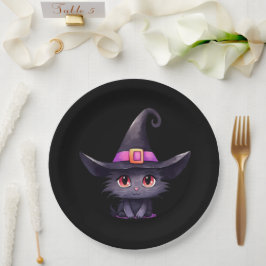 魔女の帽子をかぶったかわいい黒猫誕生日 ペーパープレート