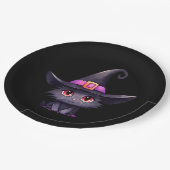 魔女の帽子をかぶったかわいい黒猫誕生日 ペーパープレート (アングル)