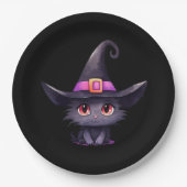 魔女の帽子をかぶったかわいい黒猫誕生日 ペーパープレート (正面)