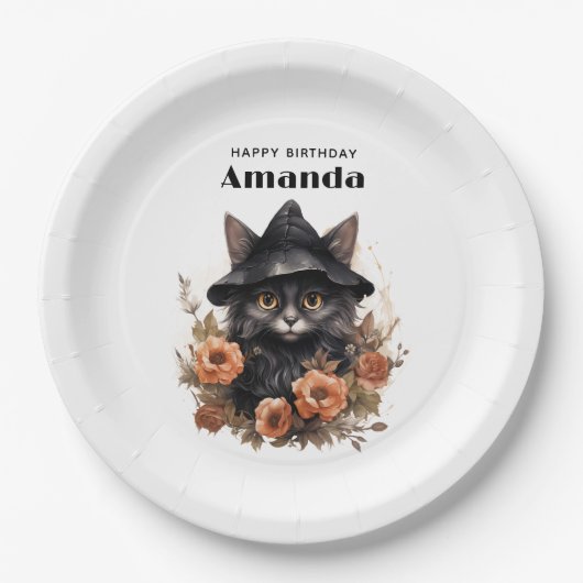 魔女の帽子をかぶったかわいい黒猫誕生日 ペーパープレート (正面)