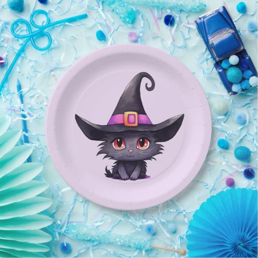 魔女の帽子をかぶったかわいい黒猫誕生日 ペーパープレート (パーティー)
