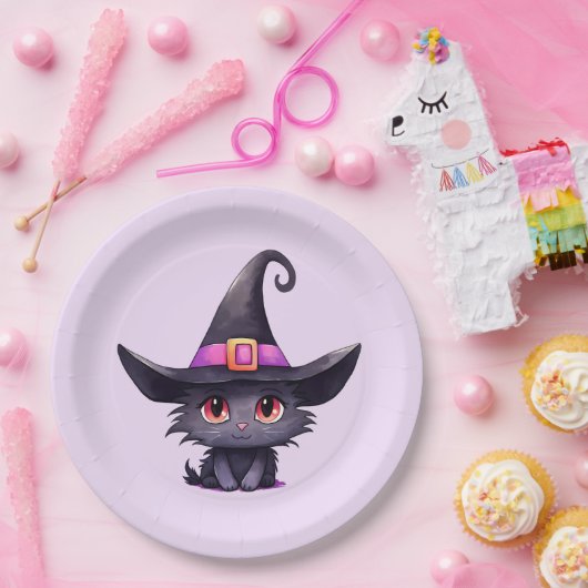 魔女の帽子をかぶったかわいい黒猫誕生日 ペーパープレート (パーティー)