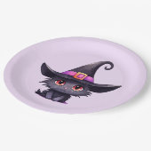 魔女の帽子をかぶったかわいい黒猫誕生日 ペーパープレート (アングル)