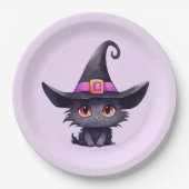 魔女の帽子をかぶったかわいい黒猫誕生日 ペーパープレート (正面)