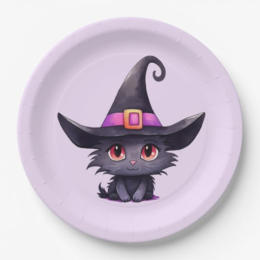 魔女の帽子をかぶったかわいい黒猫誕生日 ペーパープレート (正面)