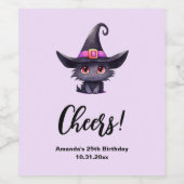 魔女の帽子をかぶったかわいい黒猫誕生日 ワインラベル (シングルラベル)