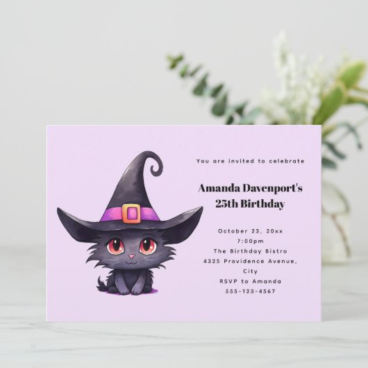 魔女の帽子をかぶったかわいい黒猫誕生日 招待状 (スタンド正面)