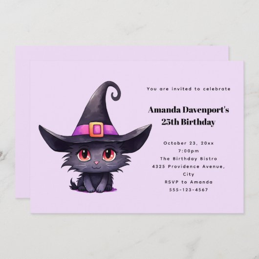 魔女の帽子をかぶったかわいい黒猫誕生日 招待状 (正面/裏面)