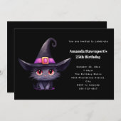 魔女の帽子をかぶったかわいい黒猫誕生日 招待状 (正面/裏面)