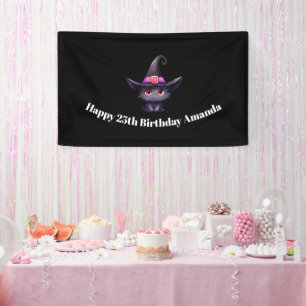 魔女の帽子をかぶったかわいい黒猫誕生日 横断幕
