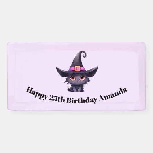 魔女の帽子をかぶったかわいい黒猫誕生日 横断幕 (横)