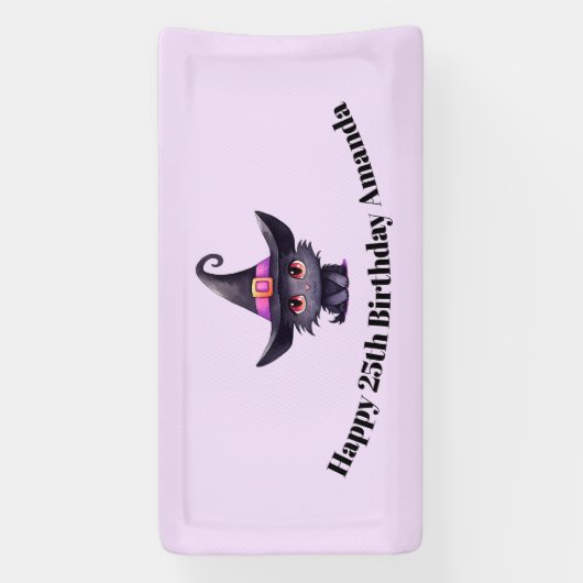 魔女の帽子をかぶったかわいい黒猫誕生日 横断幕 (縦)