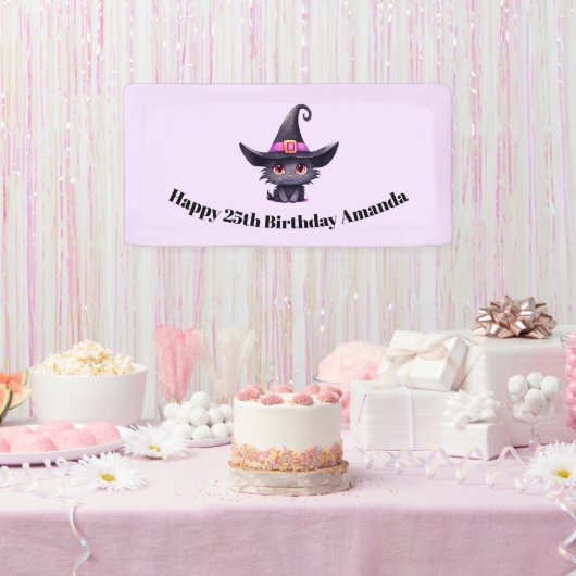 魔女の帽子をかぶったかわいい黒猫誕生日 横断幕 (パーティー)