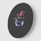 魔女の帽子をかぶったかわいい黒猫 � マジカルハロウィンアート ラージ壁時計 (傾斜)