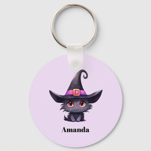 魔女の帽子をかぶったかわいい黒猫|過去記事 キーホルダー (正面)