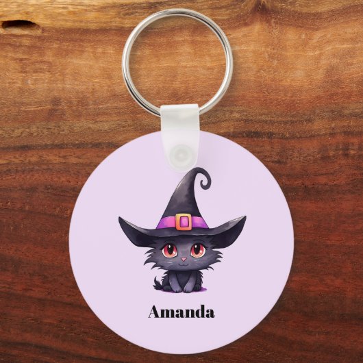 魔女の帽子をかぶったかわいい黒猫|過去記事 キーホルダー (正面)