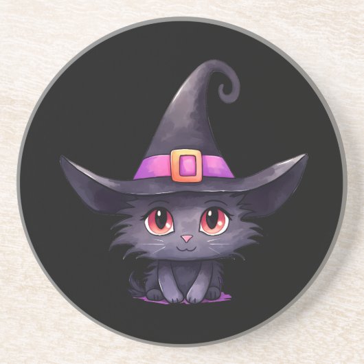 魔女の帽子をかぶったかわいい黒猫|過去記事 コースター (正面)