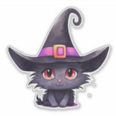 魔女の帽子をかぶったかわいい黒猫|過去記事 シール (正面)