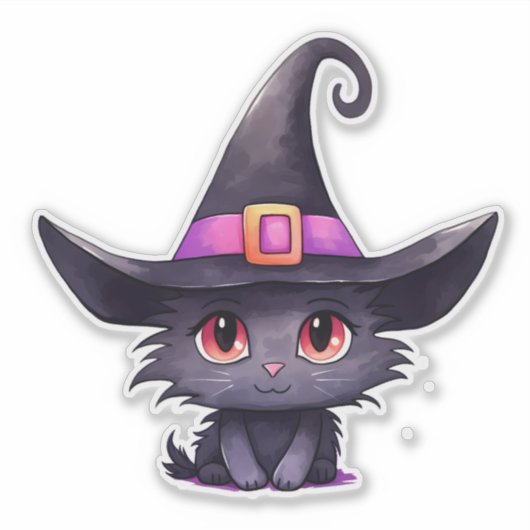 魔女の帽子をかぶったかわいい黒猫|過去記事 シール (正面)