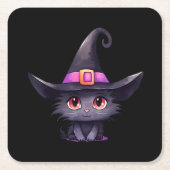 魔女の帽子をかぶったかわいい黒猫|過去記事 スクエアペーパーコースター (正面)