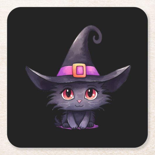 魔女の帽子をかぶったかわいい黒猫|過去記事 スクエアペーパーコースター (正面)