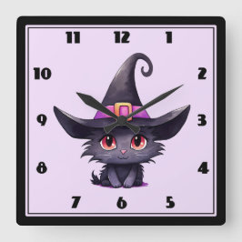 魔女の帽子をかぶったかわいい黒猫|過去記事 スクエア壁時計