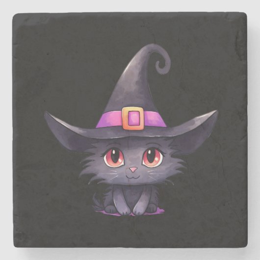 魔女の帽子をかぶったかわいい黒猫|過去記事 ストーンコースター (正面)