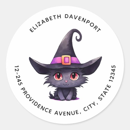 魔女の帽子をかぶったかわいい黒猫|過去記事 ラウンドシール (正面)