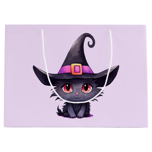 魔女の帽子をかぶったかわいい黒猫|過去記事 ラージペーパーバッグ (正面)