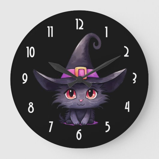 魔女の帽子をかぶったかわいい黒猫|過去記事 ラージ壁時計 (正面)