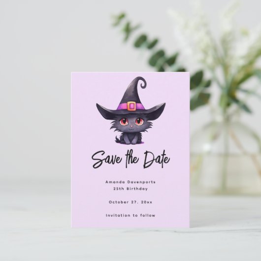 魔女の帽子をかぶったかわいい黒猫|過去記事 案内ポストカード (スタンド正面)