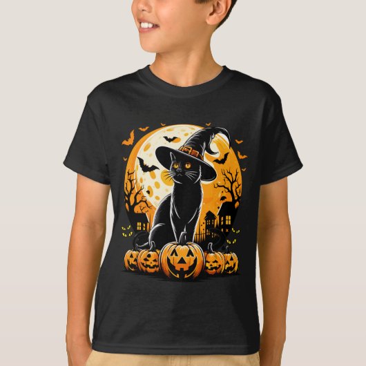 魔女の帽子をかぶったカボチャと黒猫の満月 Tシャツ (正面)