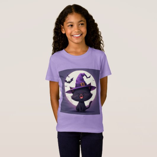 魔女の帽子をかぶったハロウィンの黒猫 Tシャツ (正面フル)