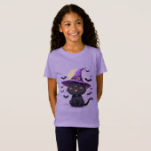 魔女の帽子をかぶったハロウィンの黒猫 Tシャツ (正面フル)
