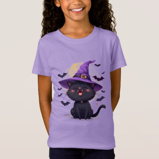 魔女の帽子をかぶったハロウィンの黒猫 Tシャツ (正面)