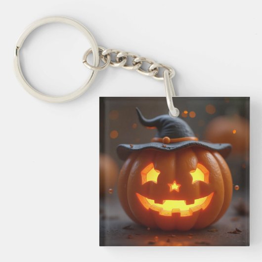 魔女の帽子をかぶったハロウィーンオレンジ色のカボチャ キーホルダー (正面)