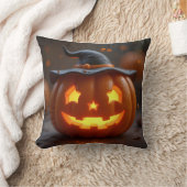 魔女の帽子をかぶったハロウィーンオレンジ色のカボチャ クッション (ブランケット)