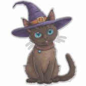 魔女の帽子をかぶった愛らしいシャム猫 シール (正面)