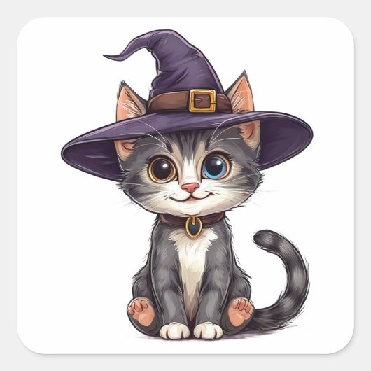 魔女の帽子をかぶった愛らしい猫 スクエアシール (正面)
