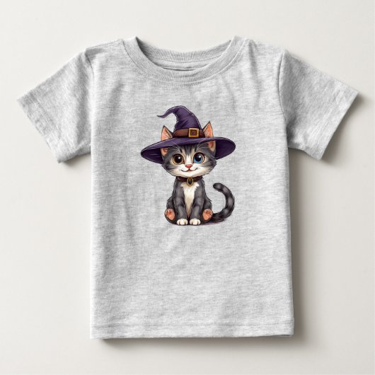 魔女の帽子をかぶった愛らしい猫 ベビーTシャツ (正面)