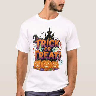 魔女の帽子をかぶった満月の城のお化けの夜 Tシャツ