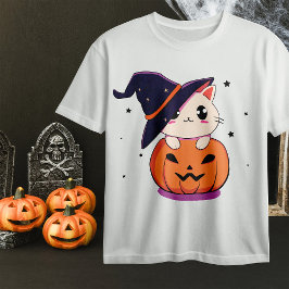 魔女の帽子をかぶった猫が、ハロウィンのジャック・オー・ランタンと一緒に Tシャツ