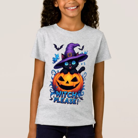 魔女の帽子をかぶった遊び心のある黒猫 Tシャツ (正面)