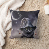 魔女の帽子をかぶった黒いハロウィーン猫 クッション (ブランケット)