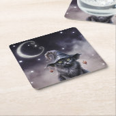 魔女の帽子をかぶった黒いハロウィーン猫 スクエアペーパーコースター (アングル)