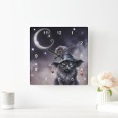 魔女の帽子をかぶった黒いハロウィーン猫 スクエア壁時計 (ホーム)