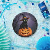 魔女の帽子をかぶった黒いハロウィーン猫 ペーパープレート (パーティー)