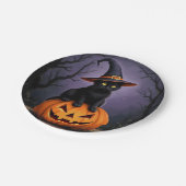 魔女の帽子をかぶった黒いハロウィーン猫 ペーパープレート (アングル)