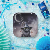 魔女の帽子をかぶった黒いハロウィーン猫 ペーパープレート (パーティー)